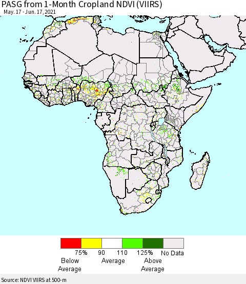 Africa PASG from 1-Month Cropland NDVI (VIIRS) Thematic Map For 6/10/2021 - 6/17/2021