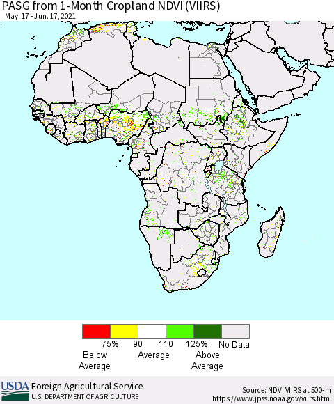 Africa PASG from 1-Month Cropland NDVI (VIIRS) Thematic Map For 6/11/2021 - 6/20/2021