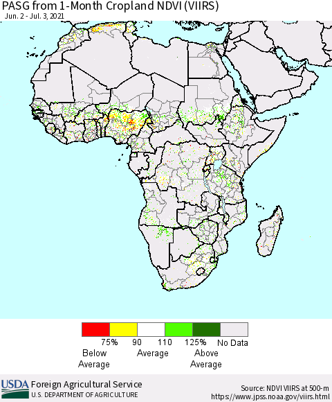 Africa PASG from 1-Month Cropland NDVI (VIIRS) Thematic Map For 7/1/2021 - 7/10/2021