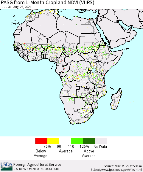 Africa PASG from 1-Month Cropland NDVI (VIIRS) Thematic Map For 8/21/2021 - 8/31/2021