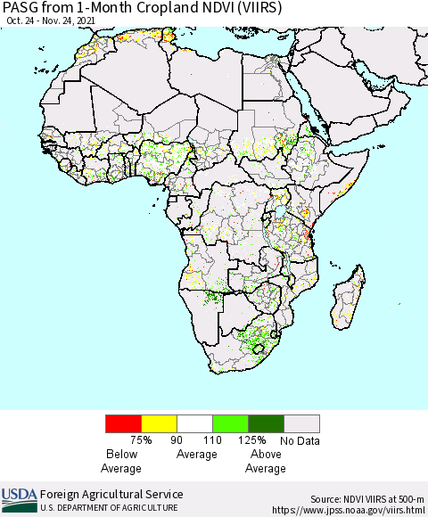 Africa PASG from 1-Month Cropland NDVI (VIIRS) Thematic Map For 11/21/2021 - 11/30/2021