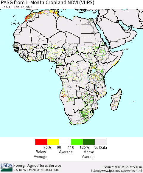 Africa PASG from 1-Month Cropland NDVI (VIIRS) Thematic Map For 2/11/2022 - 2/20/2022
