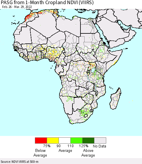 Africa PASG from 1-Month Cropland NDVI (VIIRS) Thematic Map For 3/22/2022 - 3/29/2022