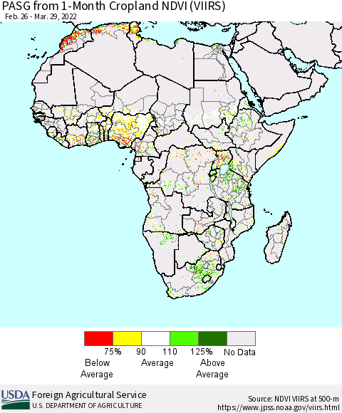 Africa PASG from 1-Month Cropland NDVI (VIIRS) Thematic Map For 3/21/2022 - 3/31/2022