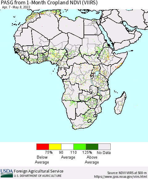 Africa PASG from 1-Month Cropland NDVI (VIIRS) Thematic Map For 5/1/2022 - 5/10/2022