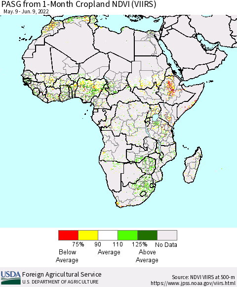 Africa PASG from 1-Month Cropland NDVI (VIIRS) Thematic Map For 6/1/2022 - 6/10/2022