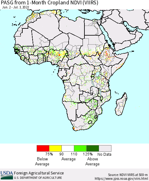 Africa PASG from 1-Month Cropland NDVI (VIIRS) Thematic Map For 7/1/2022 - 7/10/2022