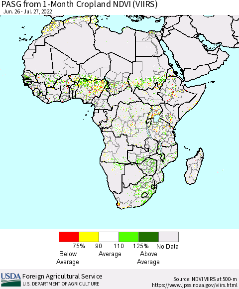 Africa PASG from 1-Month Cropland NDVI (VIIRS) Thematic Map For 7/21/2022 - 7/31/2022