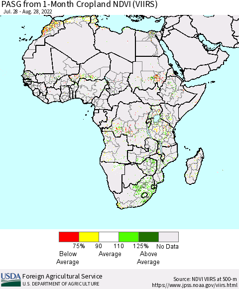 Africa PASG from 1-Month Cropland NDVI (VIIRS) Thematic Map For 8/21/2022 - 8/31/2022