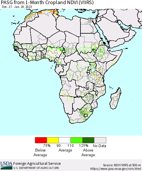 Africa PASG from 1-Month Cropland NDVI (VIIRS) Thematic Map For 1/21/2023 - 1/31/2023