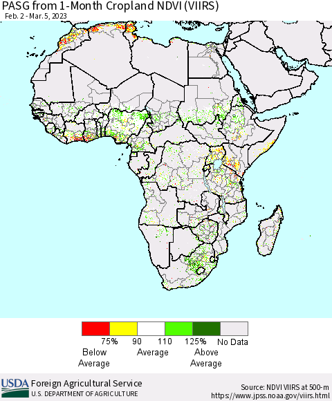 Africa PASG from 1-Month Cropland NDVI (VIIRS) Thematic Map For 3/1/2023 - 3/10/2023