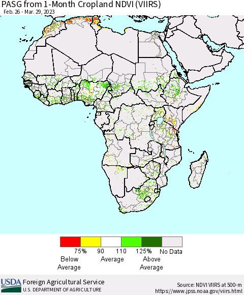 Africa PASG from 1-Month Cropland NDVI (VIIRS) Thematic Map For 3/21/2023 - 3/31/2023