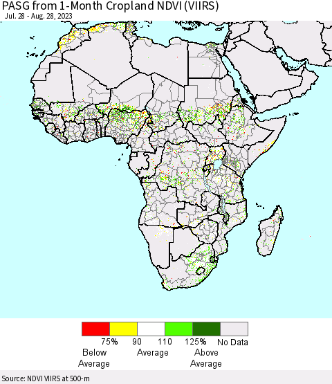 Africa PASG from 1-Month Cropland NDVI (VIIRS) Thematic Map For 8/21/2023 - 8/28/2023