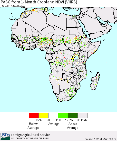 Africa PASG from 1-Month Cropland NDVI (VIIRS) Thematic Map For 8/21/2023 - 8/31/2023