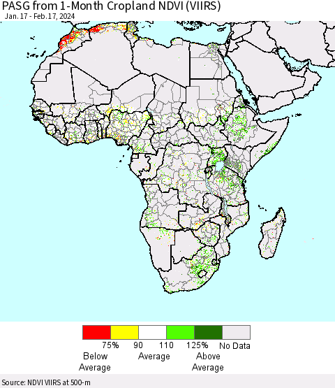 Africa PASG from 1-Month Cropland NDVI (VIIRS) Thematic Map For 2/10/2024 - 2/17/2024