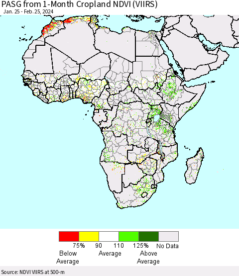 Africa PASG from 1-Month Cropland NDVI (VIIRS) Thematic Map For 2/18/2024 - 2/25/2024