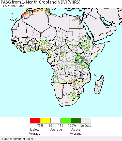 Africa PASG from 1-Month Cropland NDVI (VIIRS) Thematic Map For 2/26/2024 - 3/4/2024