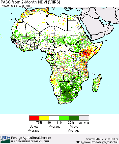 Africa PASG from 2-Month NDVI (VIIRS) Thematic Map For 1/1/2023 - 1/10/2023