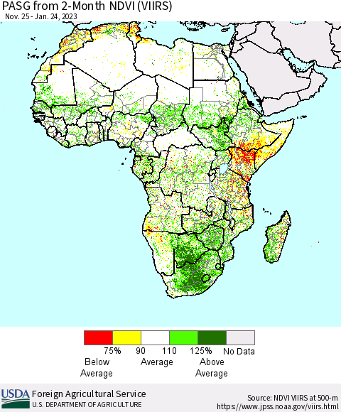 Africa PASG from 2-Month NDVI (VIIRS) Thematic Map For 1/21/2023 - 1/31/2023