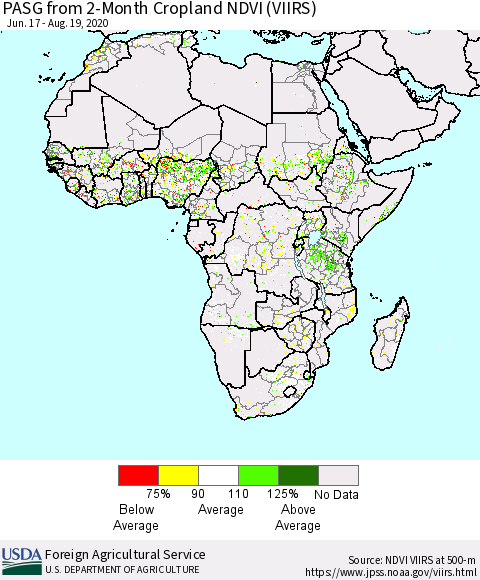 Africa PASG from 2-Month Cropland NDVI (VIIRS) Thematic Map For 8/11/2020 - 8/20/2020