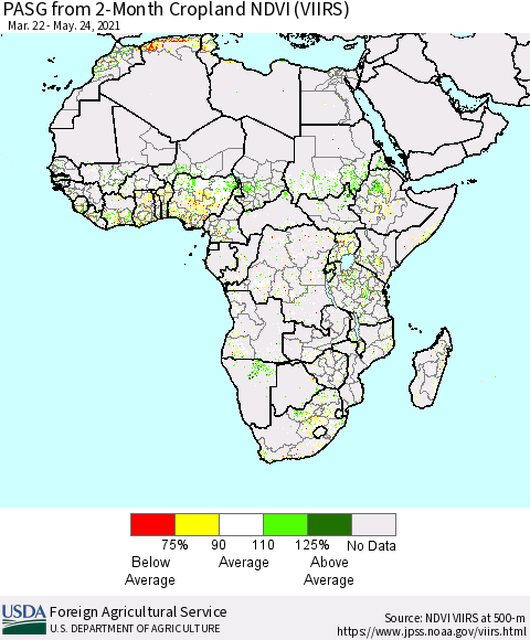 Africa PASG from 2-Month Cropland NDVI (VIIRS) Thematic Map For 5/21/2021 - 5/31/2021
