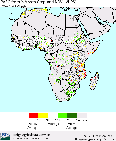 Africa PASG from 2-Month Cropland NDVI (VIIRS) Thematic Map For 1/11/2022 - 1/20/2022
