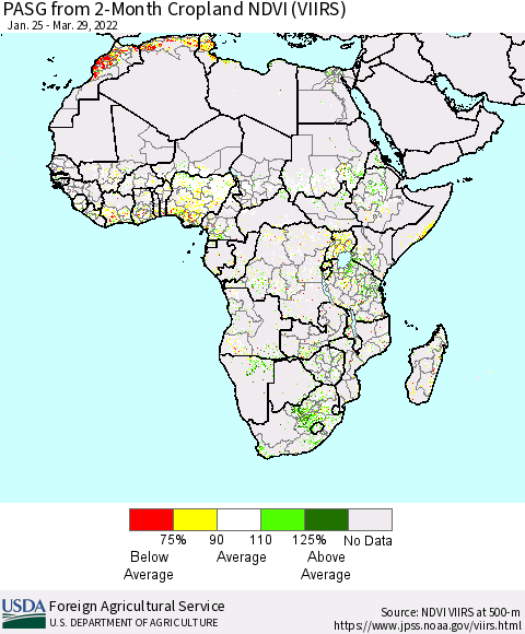 Africa PASG from 2-Month Cropland NDVI (VIIRS) Thematic Map For 3/21/2022 - 3/31/2022