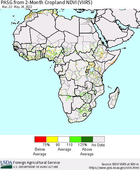 Africa PASG from 2-Month Cropland NDVI (VIIRS) Thematic Map For 5/21/2022 - 5/31/2022