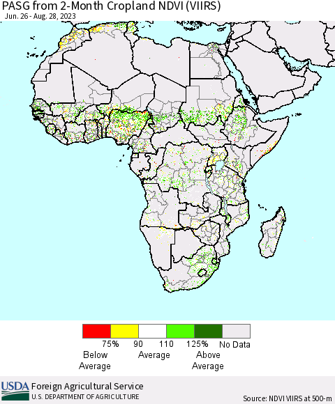 Africa PASG from 2-Month Cropland NDVI (VIIRS) Thematic Map For 8/21/2023 - 8/31/2023