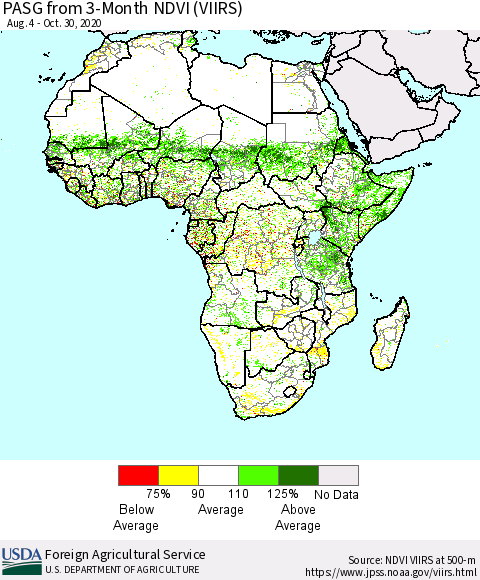 Africa PASG from 3-Month NDVI (VIIRS) Thematic Map For 10/21/2020 - 10/31/2020