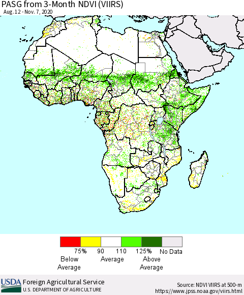 Africa PASG from 3-Month NDVI (VIIRS) Thematic Map For 11/1/2020 - 11/10/2020