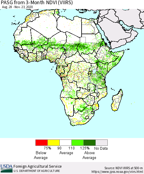 Africa PASG from 3-Month NDVI (VIIRS) Thematic Map For 11/21/2020 - 11/30/2020