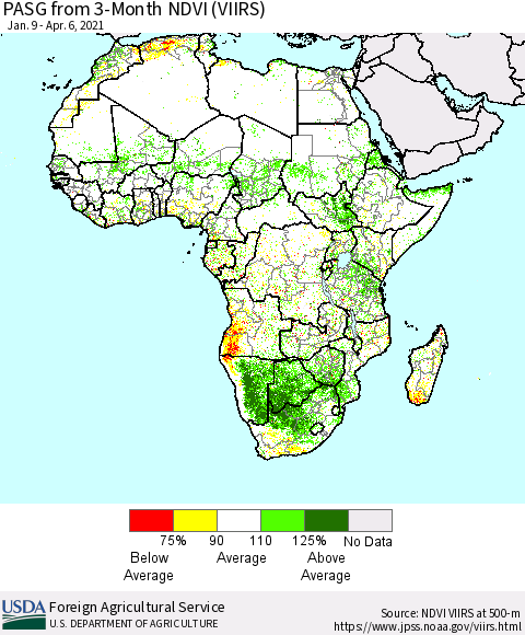 Africa PASG from 3-Month NDVI (VIIRS) Thematic Map For 4/1/2021 - 4/10/2021
