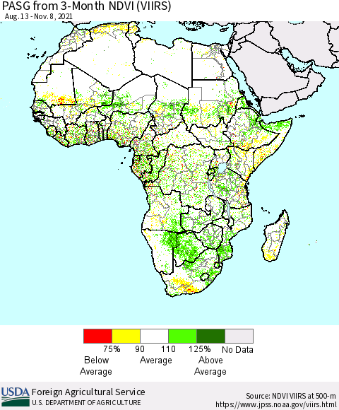 Africa PASG from 3-Month NDVI (VIIRS) Thematic Map For 11/1/2021 - 11/10/2021
