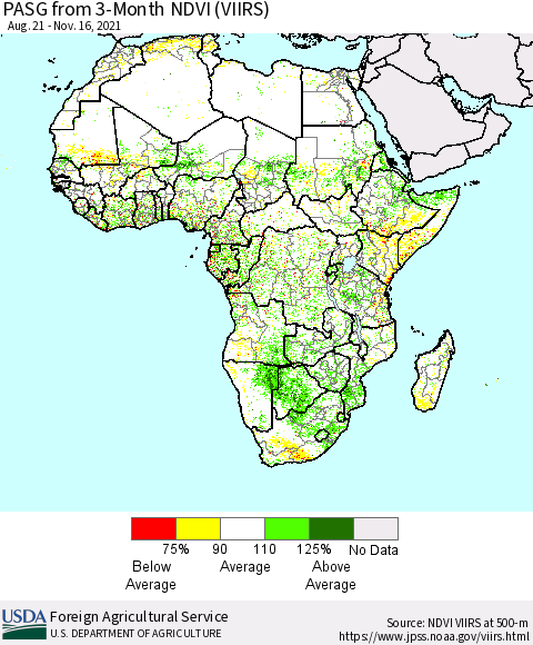 Africa PASG from 3-Month NDVI (VIIRS) Thematic Map For 11/11/2021 - 11/20/2021