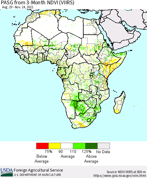 Africa PASG from 3-Month NDVI (VIIRS) Thematic Map For 11/21/2021 - 11/30/2021