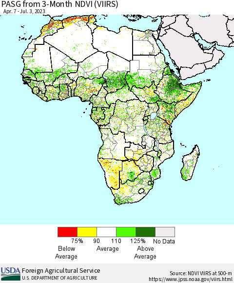 Africa PASG from 3-Month NDVI (VIIRS) Thematic Map For 7/1/2023 - 7/10/2023