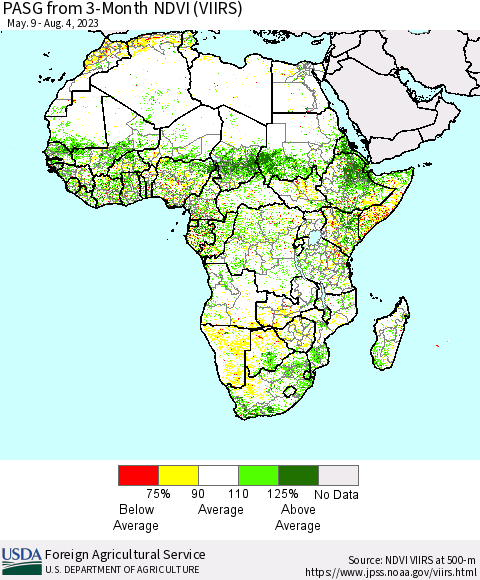 Africa PASG from 3-Month NDVI (VIIRS) Thematic Map For 8/1/2023 - 8/10/2023