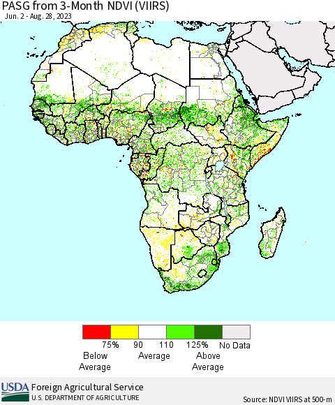Africa PASG from 3-Month NDVI (VIIRS) Thematic Map For 8/21/2023 - 8/31/2023