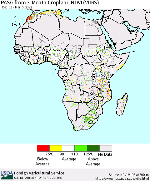 Africa PASG from 3-Month Cropland NDVI (VIIRS) Thematic Map For 3/1/2022 - 3/10/2022