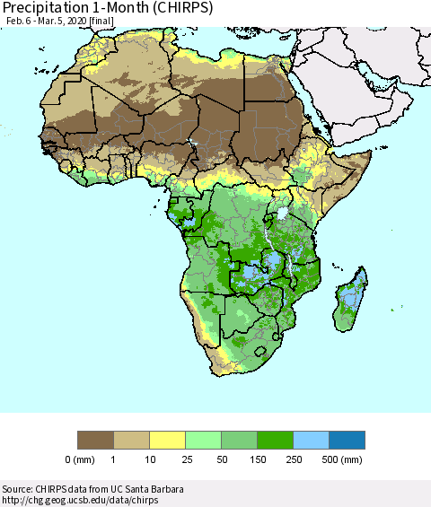 Africa Precipitation 1-Month (CHIRPS) Thematic Map For 2/6/2020 - 3/5/2020