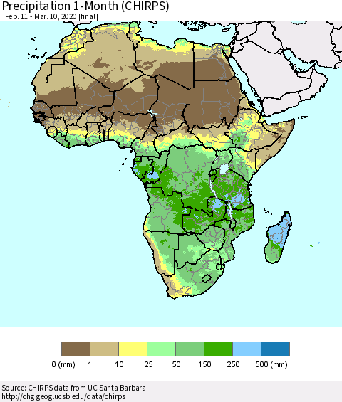 Africa Precipitation 1-Month (CHIRPS) Thematic Map For 2/11/2020 - 3/10/2020