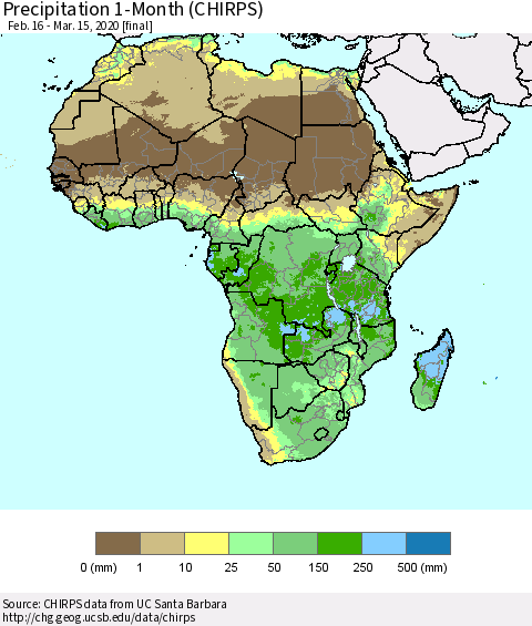 Africa Precipitation 1-Month (CHIRPS) Thematic Map For 2/16/2020 - 3/15/2020