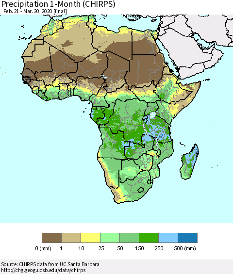 Africa Precipitation 1-Month (CHIRPS) Thematic Map For 2/21/2020 - 3/20/2020