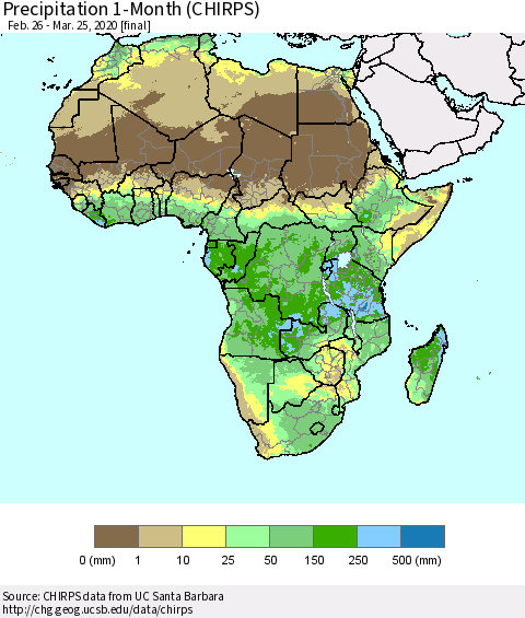 Africa Precipitation 1-Month (CHIRPS) Thematic Map For 2/26/2020 - 3/25/2020