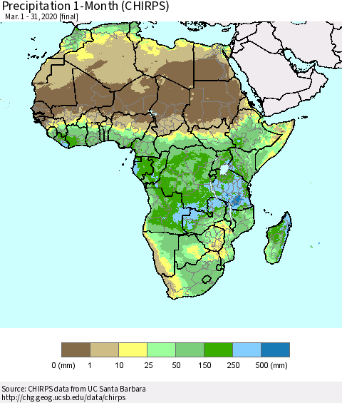 Africa Precipitation 1-Month (CHIRPS) Thematic Map For 3/1/2020 - 3/31/2020