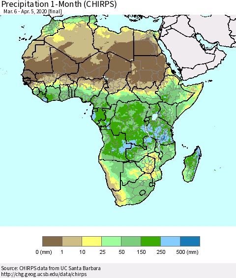 Africa Precipitation 1-Month (CHIRPS) Thematic Map For 3/6/2020 - 4/5/2020