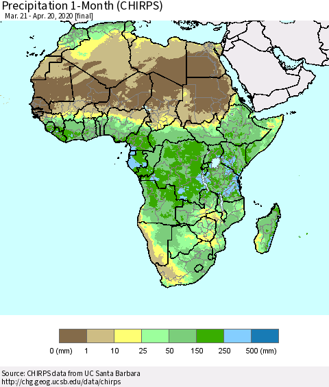 Africa Precipitation 1-Month (CHIRPS) Thematic Map For 3/21/2020 - 4/20/2020