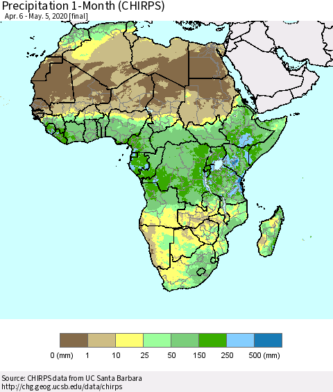 Africa Precipitation 1-Month (CHIRPS) Thematic Map For 4/6/2020 - 5/5/2020