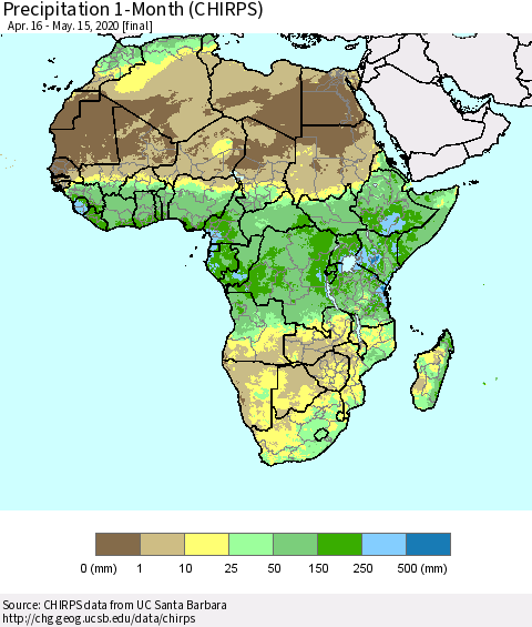 Africa Precipitation 1-Month (CHIRPS) Thematic Map For 4/16/2020 - 5/15/2020